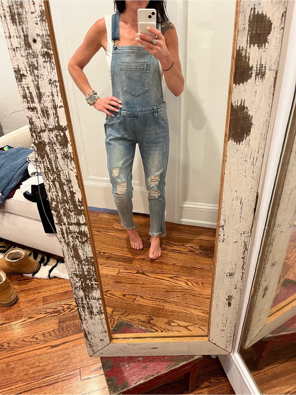 True Craft Light Blue Distressed Denim Overalls for Women